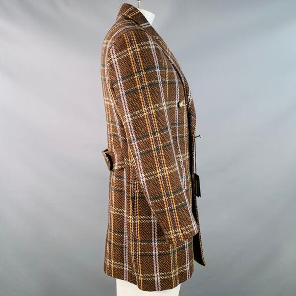 TAKESHY KUROSAWA Size 44 Brown Multi Color Plaid Double Breasted Peak Lapel Coat - Picture 3 of 10